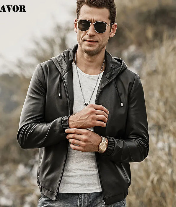 Men's Genuine Leather Jacket with Hood