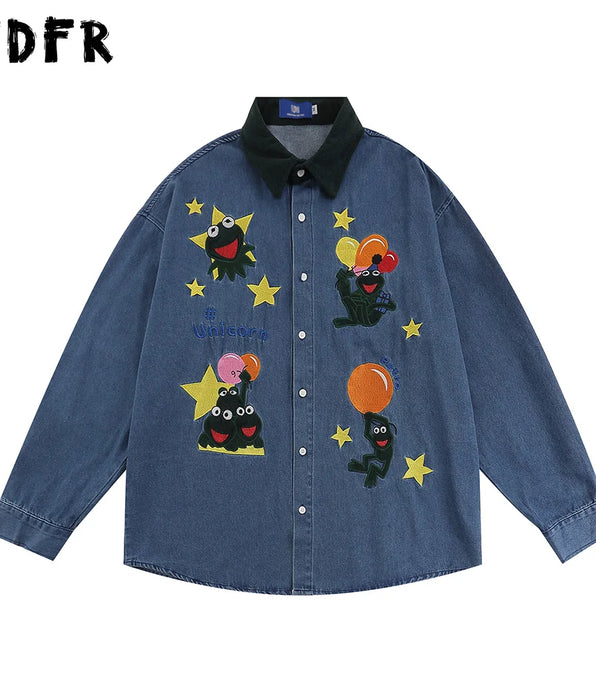 Retro Casual Denim Shirts with Frog Embroidery and Patchwork
