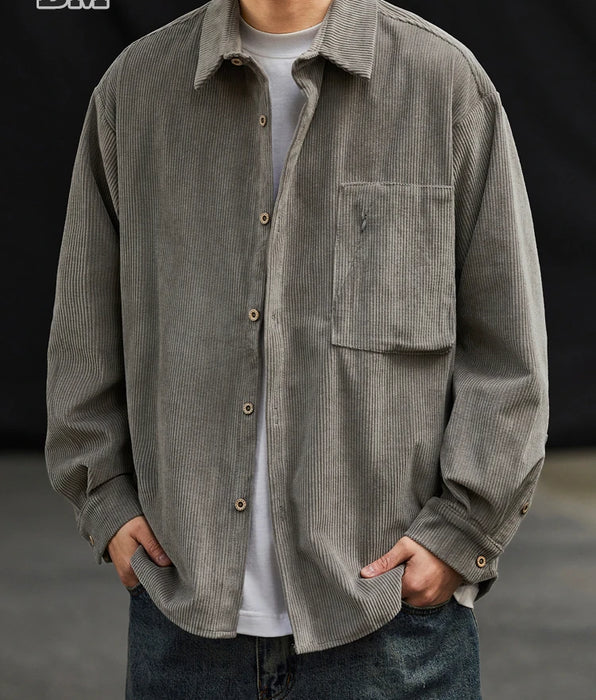Japanese Streetwear Corduroy Shirt For Men - Vintage Casual Coat - Long Sleeve Oversize Tops