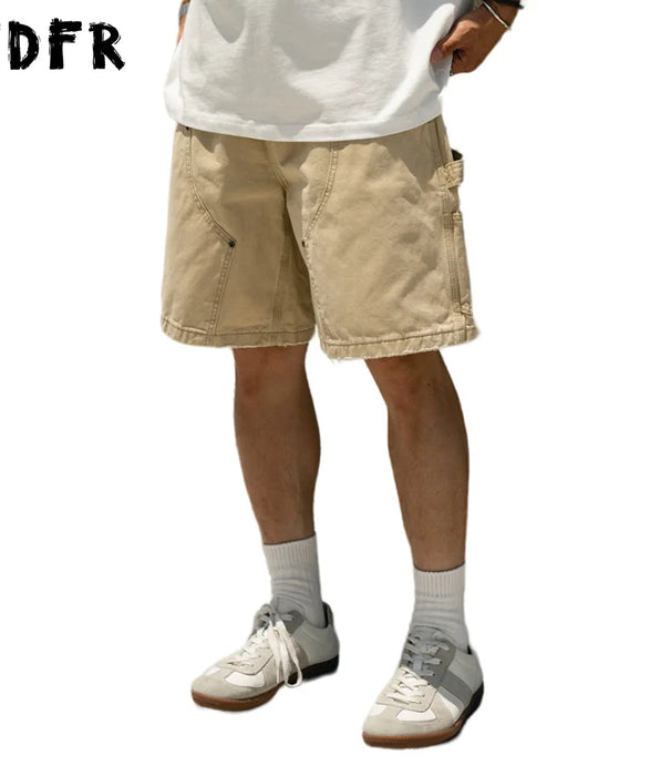 Retro Casual Washed Distressed Cargo Shorts - Solid Color