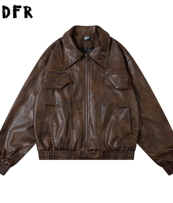 Motorcycle Leather Jacket Mens Streetwear Lapel Zipper Long Sleeve Jacket