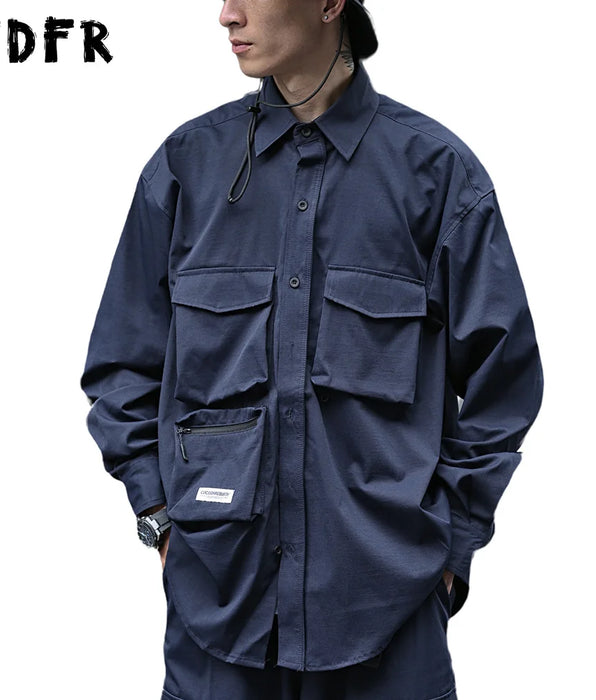 Solid Color Cargo Shirts with Safari Style Lapel and Curved Hem