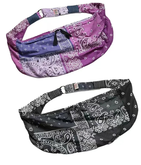 Japanese Two-color Cotton Hemp Cashew and Flower Splicing Diagonal Straddle Waist Bag