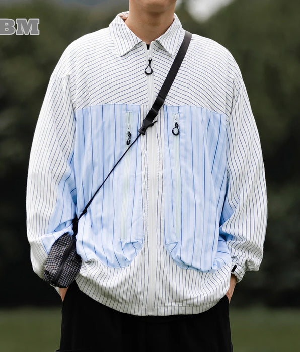 Japanese Streetwear Big Pocket Striped Shirt For Men - Long Sleeve Casual Thin Coat