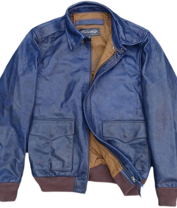 A2 Bomber Leather Jacket Horsehide Blue Print Military Style