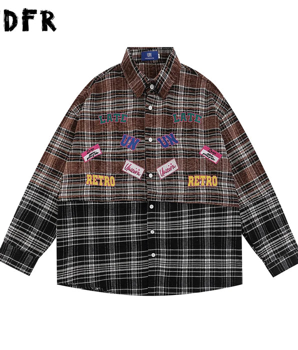 Letter Embroidery Plaid Shirt - Retro Casual Loose Lapel Single Breasted