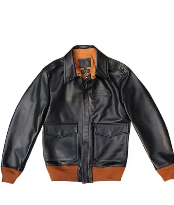 A2 Flight Leather Jacket Uncoated Cowhide Slim Military Top Gun Motorcycle Coat