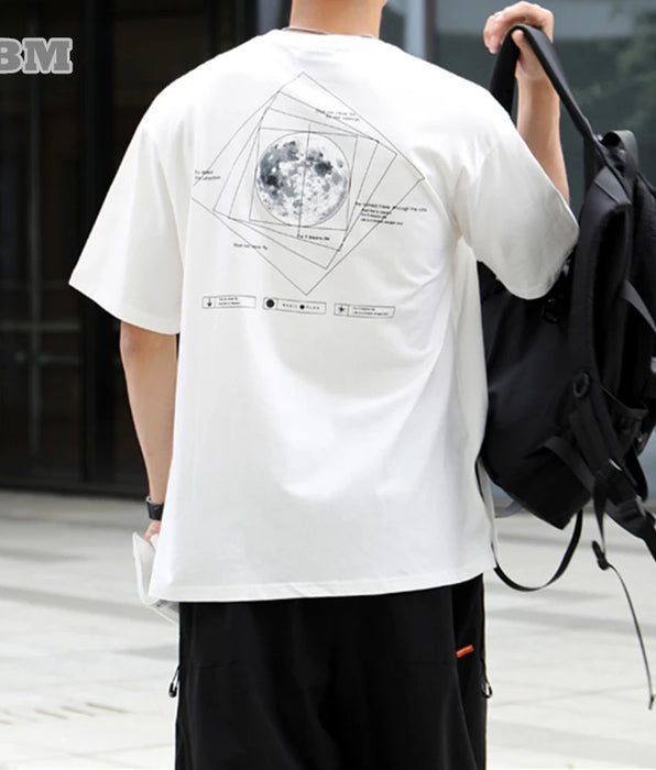 Korean T-shirt Men Clothing Print Short Sleeve Casual Y2k Tops Moon Print Graphic Tee