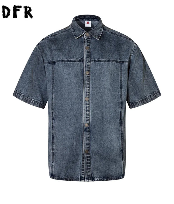Spliced Denim Short Sleeve Shirts with Distressed Lapel - Casual Style
