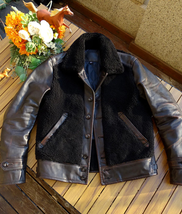 Men's Genuine Leather Jacket with Horsehide Shearling Patchwork - Safari Style