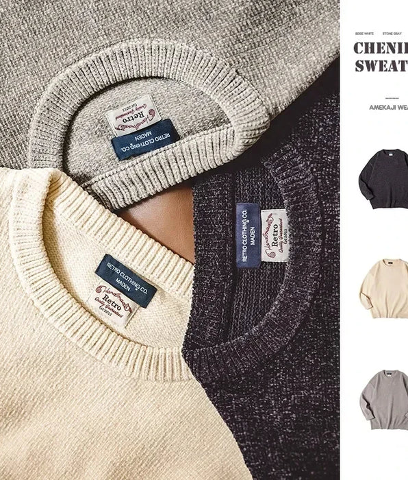 Casual Chenille Round Neck Jumper - Men's Skin-friendly Beige Knitwear