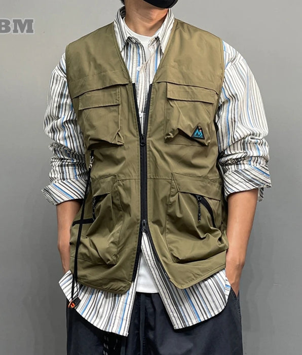 Japanese Multifunctional Pocket Casual Cargo Vest Army Green Tactical Waistcoat