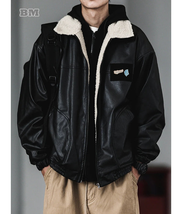 Japanese Streetwear Lamb Fleece Jackets For Men - Trendy Thick Motorcycle Jacket
