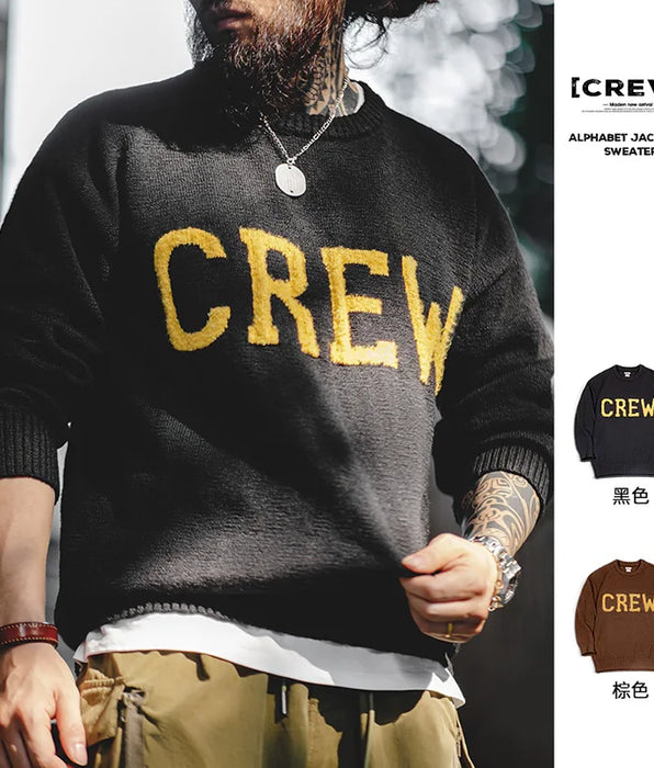 Retro Crew Letter Jacquard Sweater Round Neck Inner Layover Wool Pullover
