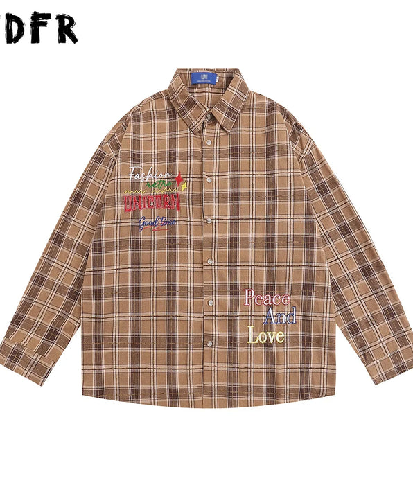 Letter Embroidery Plaid Shirts - Casual Loose Single Breasted Lapel Shirts