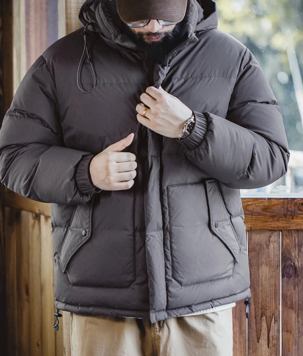 Vintage Wax Surface Down Jacket with Removable Hood and Stand-up Collar