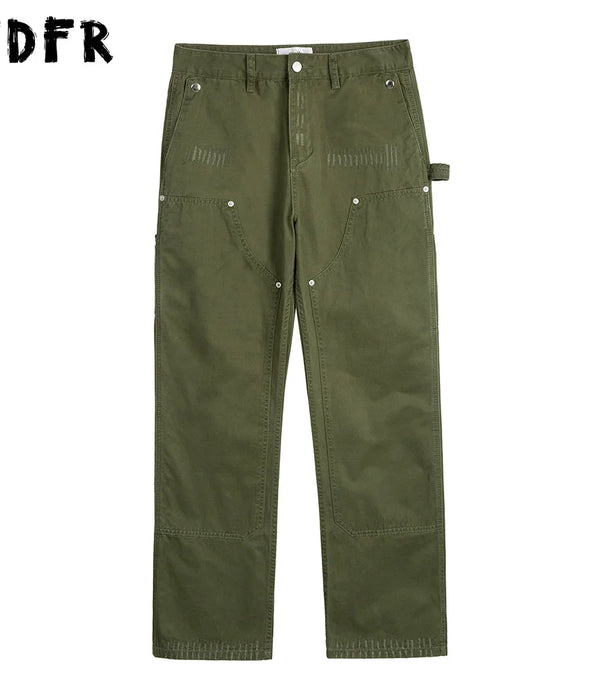 Solid Color Cargo Pants - Safari Style Double Knee Scratch Flared Trousers