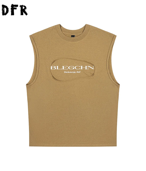 Letter Print Spliced Tank Top - Mens Streetwear - Crew Neck - Sleeveless Vest