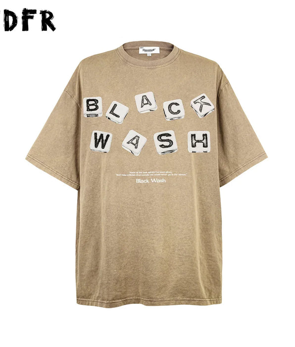 Washed Letter Print Short Sleeve T-shirt - Casual Cotton Tee