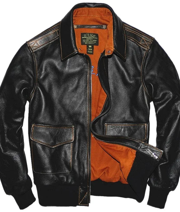 Men's A2 Bomber Leather Jacket Top Gun Avaitor Cowhide Air Force Retro Military Style Coat