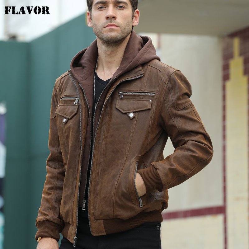 FLAVOR - FLAVOR - Mens Real Leather Jacket with Removable Hood Brown Jacket Genuine Leather Warm Coat For Men - Givin