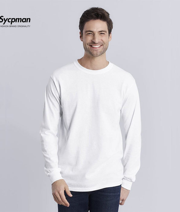 Sycpman - Sycpman - 220gsm 7.76oz Long Sleeve T-shirt Mens Pure Cotton Solid Color Loose Bottomed Shirt Round Neck Tee Vintage Tops Hombre Aesthetic - Givin