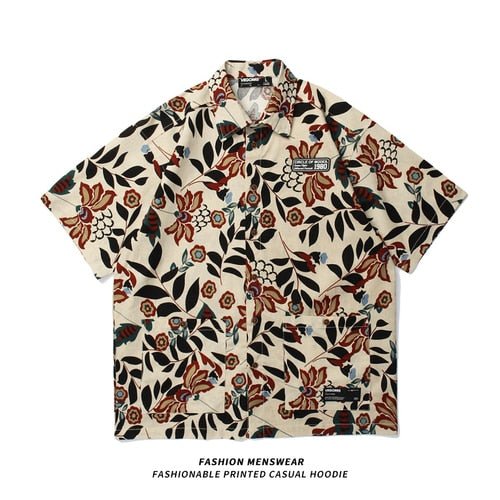 Sycpman - Sycpman - Oversize American Retro Floral Printed Short Sleeve Shirt Loose Casual for Men Women Shirts - Givin