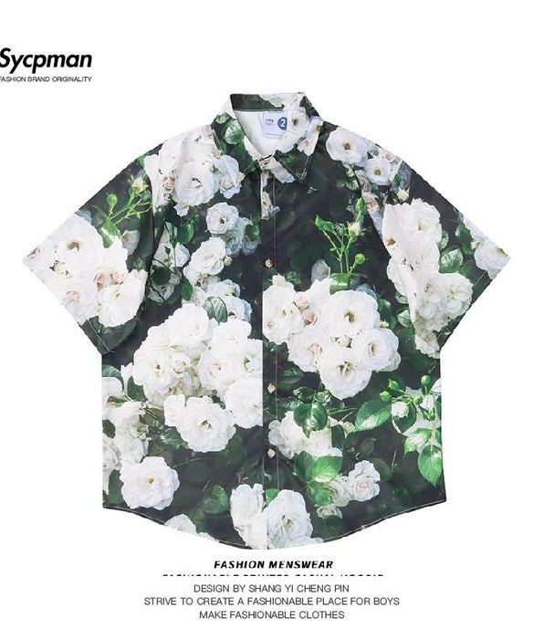 Sycpman - Sycpman - Oversized Short Sleeve Shirts Men American Camellia Full Print Leisure Women Loose Mans Tops - Givin