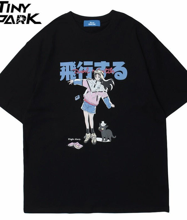 Tiny Spark - Tiny Spark - Cartoon Girl Cat Japanese Kanji Print T Shirt Streetwear Harajuku T-Shirt Men Short Sleeve Tshirt Tops Tees - Givin