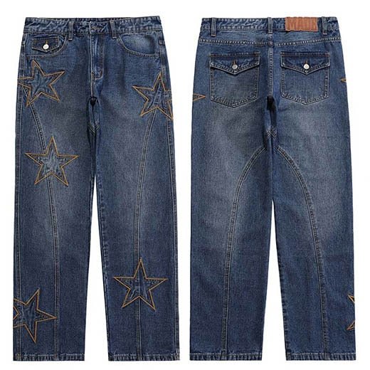 Tiny Spark - Tiny Spark - Men Streetwear Denim Pants Embroidery Stars Denim Pants Harajuku Cotton Joggers Jeans Trousers Harem Pants Black - Givin