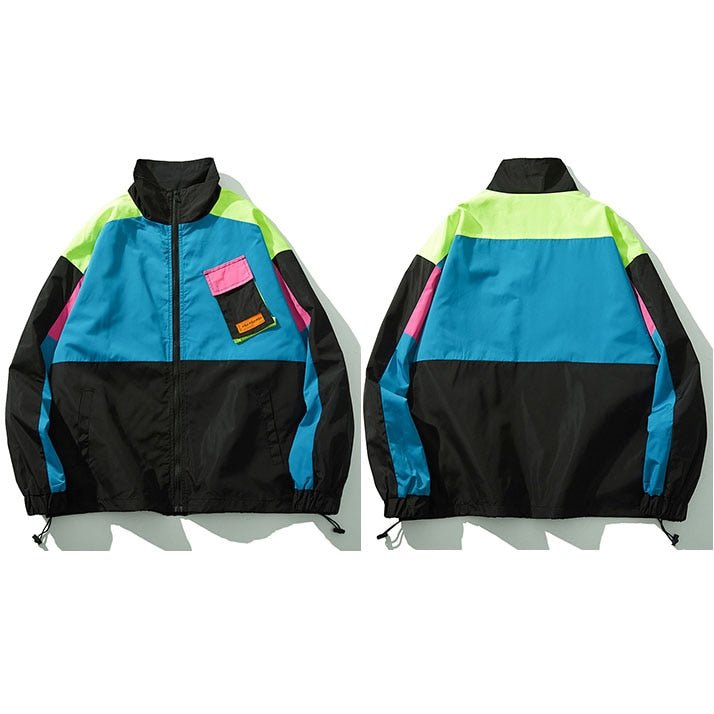 Tiny Spark - Tiny Spark - Men Streetwear Jacket Coat Retro Color Block Patchwork Harajuku Jacket Windbreaker Oversized Track Jacket Pocket - Givin