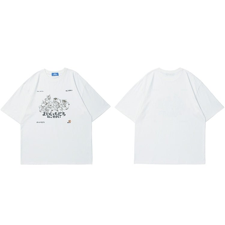 Tiny Spark - Tiny Spark - Men Streetwear T Shirt Japanese Kanji Animals Print T-Shirt Harajuku Cotton Casual Short Sleeve Tshirt White - Givin