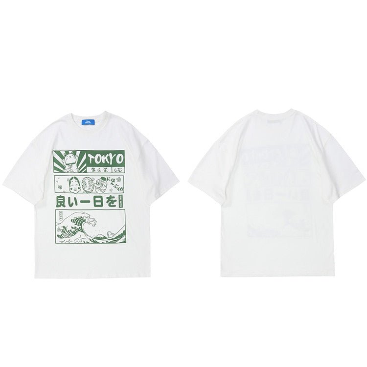 Tiny Spark - Tiny Spark - Men Streetwear T-Shirt Japanese Kanji Cartoon Great Wave Tokyo T Shirt Harajuku Cotton Short Sleeve Tshirt - Givin
