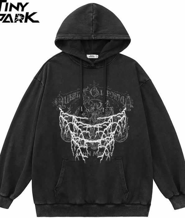 Tiny Spark - Tiny Spark - Streetwear Hoodie Sweatshirt Washed Retro Graphic Lightning Hoodie Cotton Men Oversized Hooded Pullover Harajuku - Givin