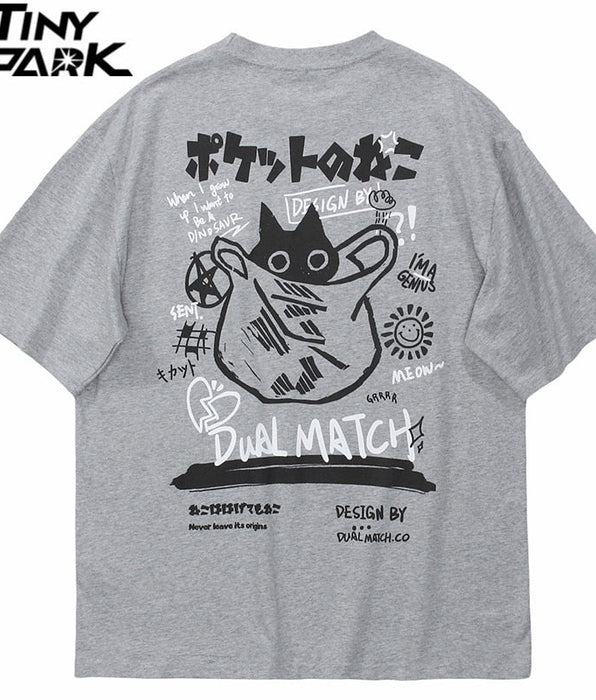 Tiny Spark - Tiny Spark - T-Shirt Men Streetwear Japanese Kanji Funny Cat Printed T Shirt Men Harajuku Cotton Casual Short Sleeve Tshirt Tops - Givin