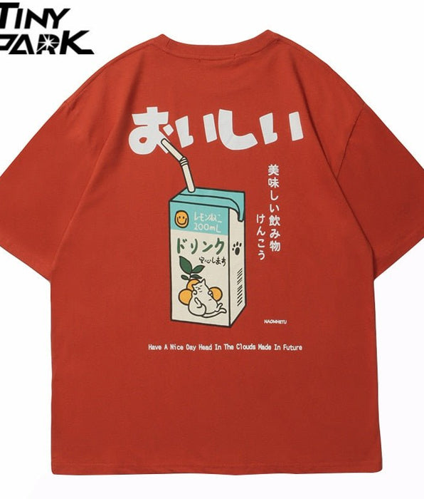 Tiny Spark - Tiny Spark - Tshirt Men Japanese Kanji Letter Drink Print Embroidery T Shirt Streetwear Harajuku Short Sleeve T-Shirt - Givin