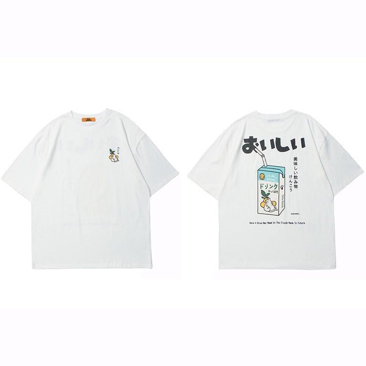 Tiny Spark - Tiny Spark - Tshirt Men Japanese Kanji Letter Drink Print Embroidery T Shirt Streetwear Harajuku Short Sleeve T-Shirt - Givin