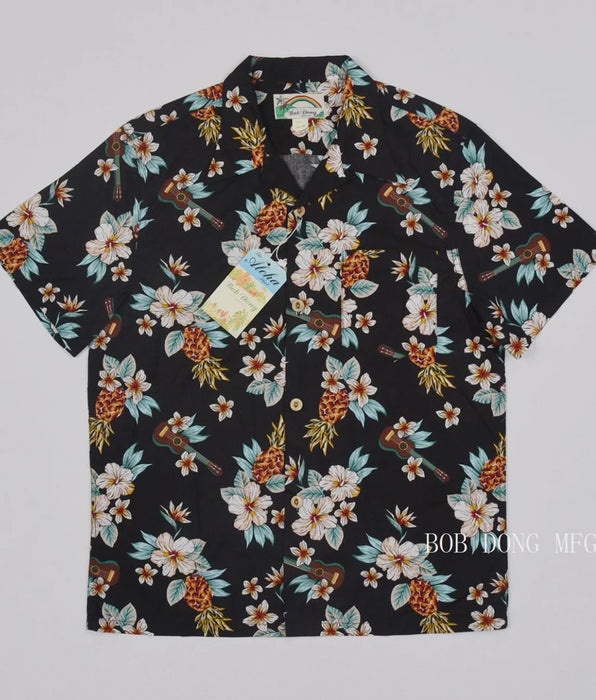 Pineapple Guitar Tropical Short Sleeved Shirts with Turn-down Collar