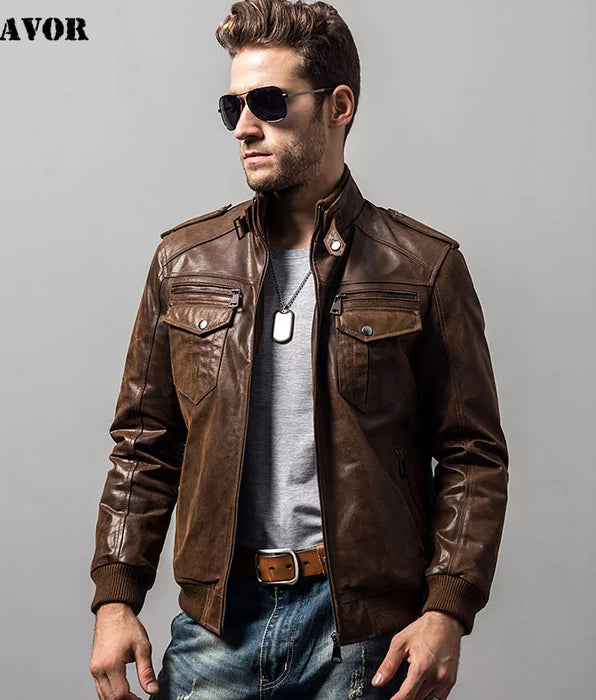 Chaqueta de cuero de moto de piel de cerdo para hombre