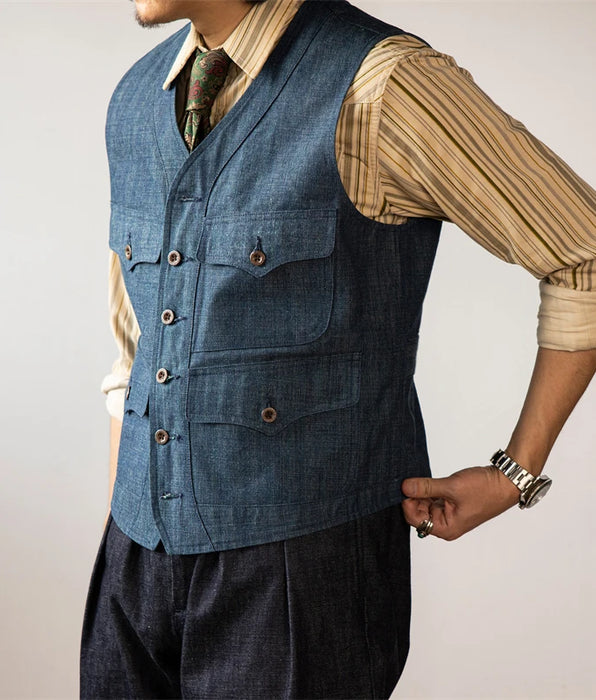 Vintage Inspired Men's Slim Fit Denim Vest with Pockets - Blue