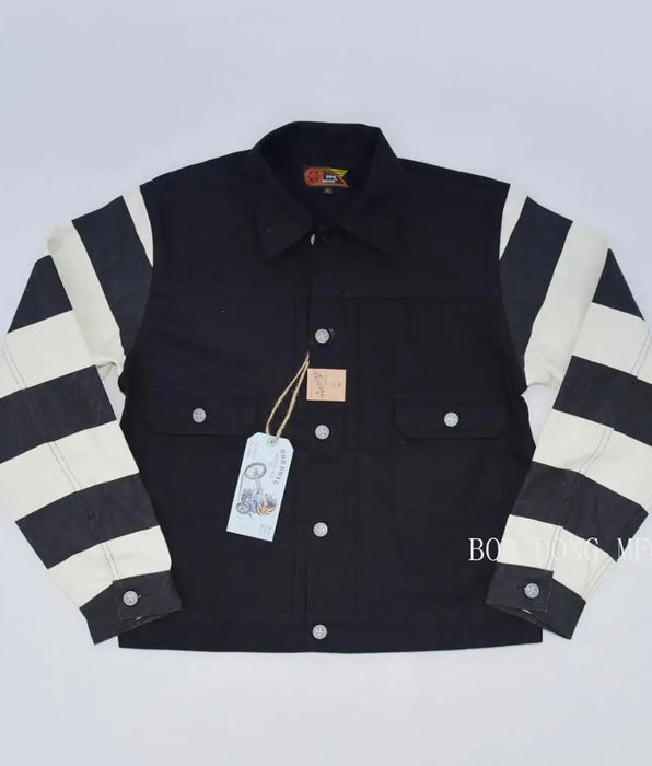 Patchwork Prison Stripe Canvas Jacket with Hot Rod Motorcycle Rugged Style