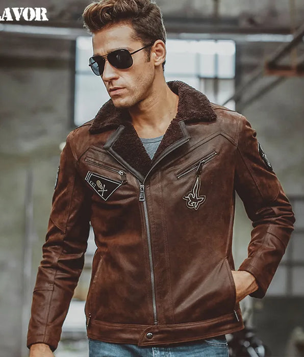 Chaqueta de cuero genuino para hombre con piel de oveja sintética