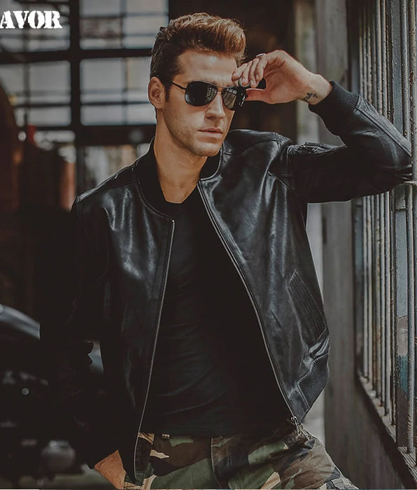 Men's Black Leather Bomber Jacket