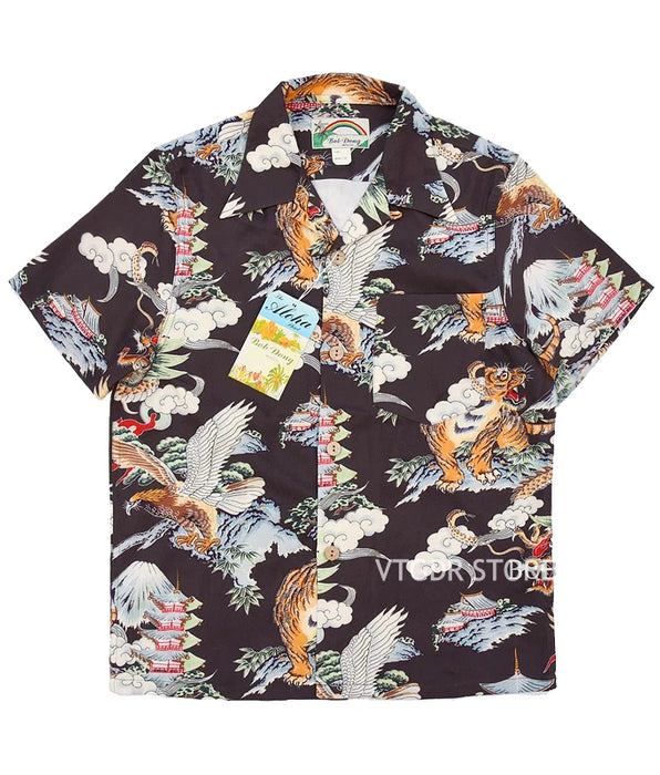 Vintage Hawaiian Aloha Floral Shirt with Mount Fuji Dragon Tiger Eagle Pattern