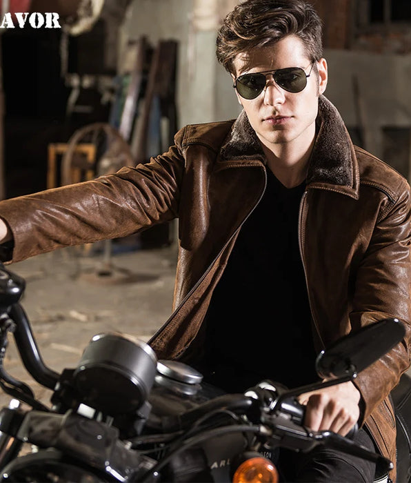 Chaqueta de moto de piel auténtica para hombre