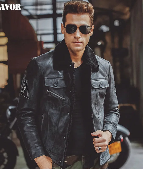 Chaqueta de cuero genuino negra para hombre