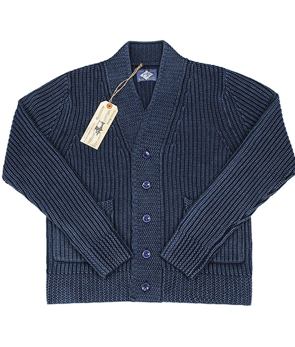 Vintage Workwear Robe Indigo Cotton Cardigan with V-neck - Thick Winter