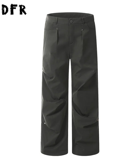 Solid Color Pleated Cargo Pants with Rivets - Safari Style