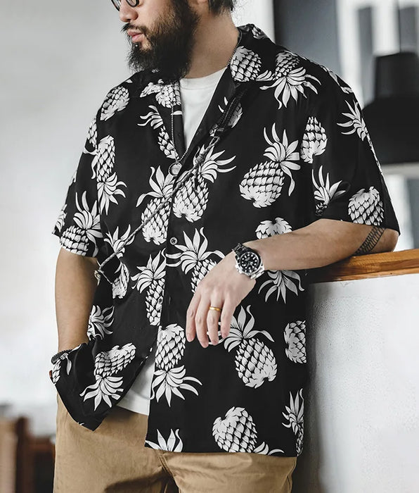 Retro Lapel Hawaiian Pineapple Shirt - Short-sleeved Beach Vacation Print