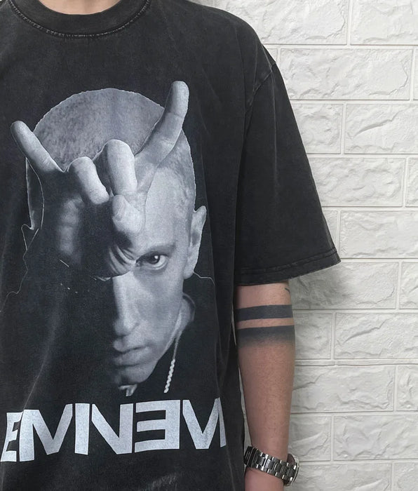 Street Rapper Eminem Personage Graphics Vintage Retro Washing Oversized Tee